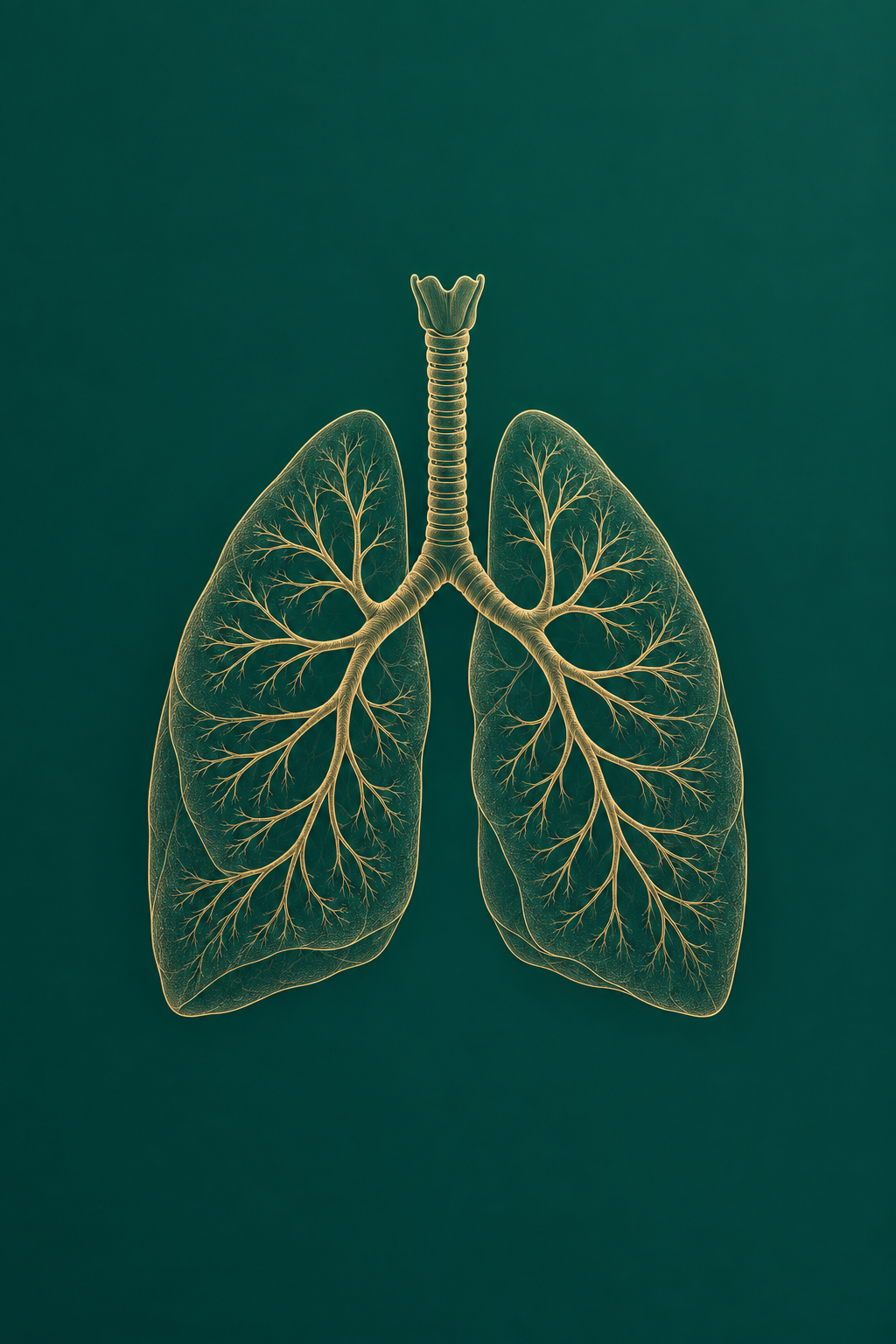 Elegant gold line-art illustration of the human lungs and bronchial tree on a deep teal background